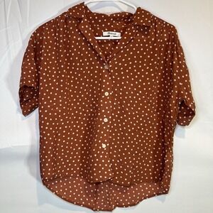 Women's Madewell‎ Button Up Blouse XSmall XS Short Sleeve Brown White Dots